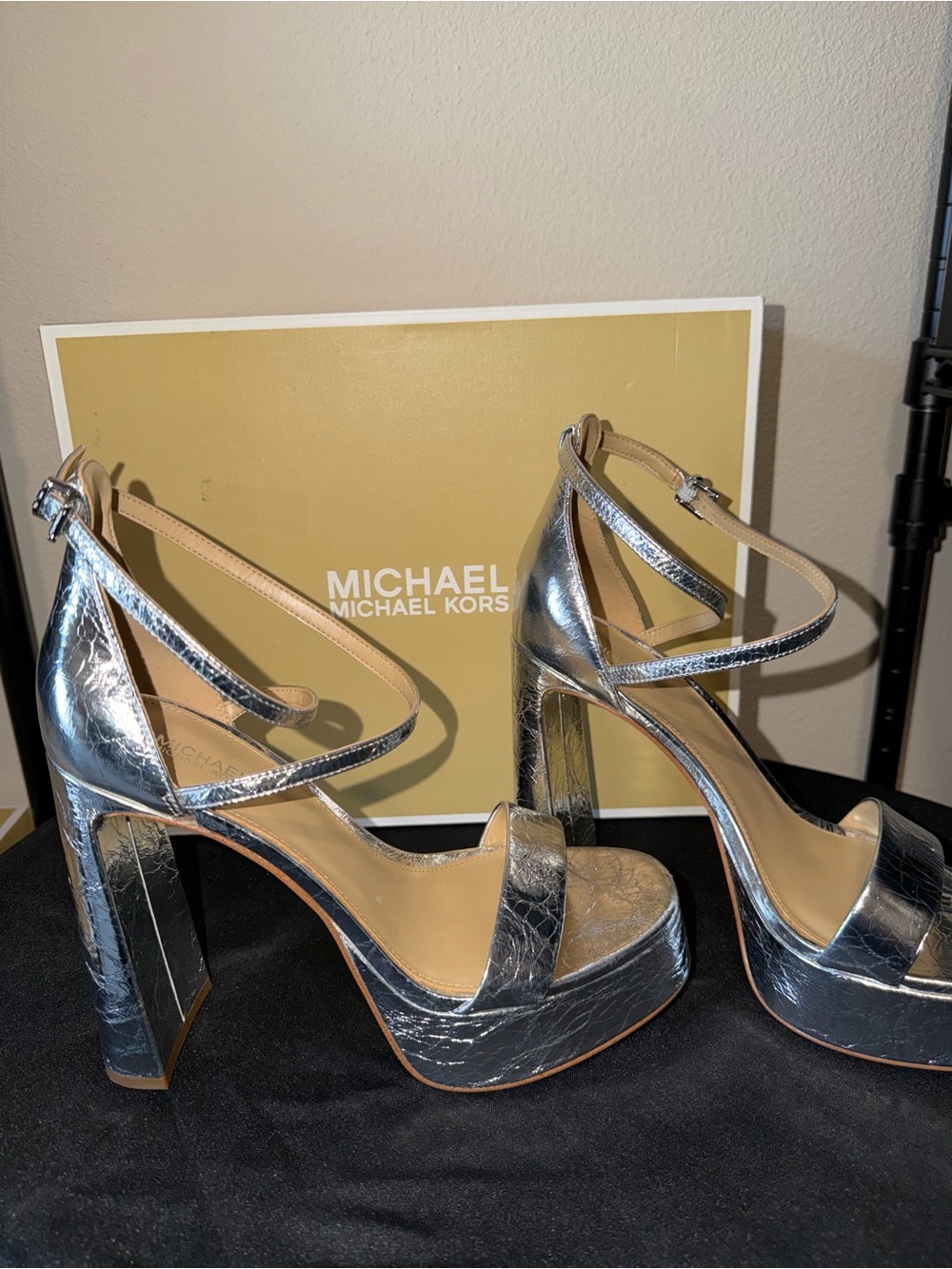 Michael Kors “Cami” Crushed Leather Metallic Platform Heels